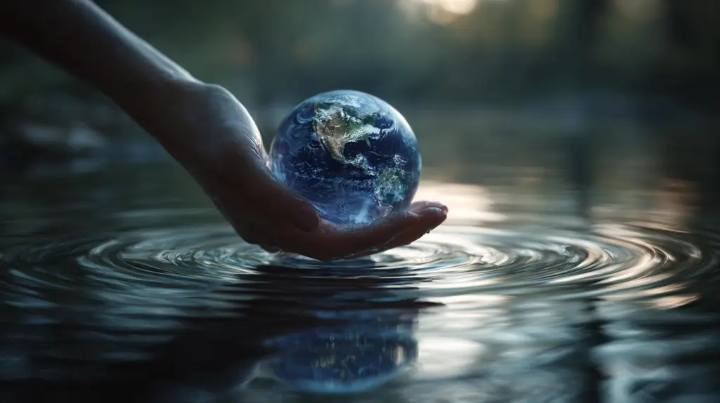 Una mano sostiene el planeta sobre el agua